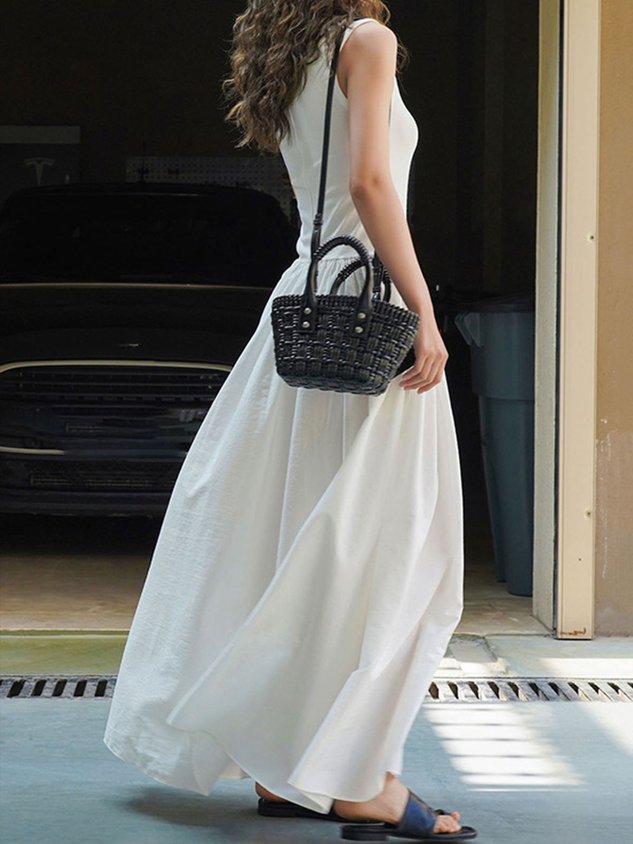 Plain Regular Fit Vacation Crew Neck Dress