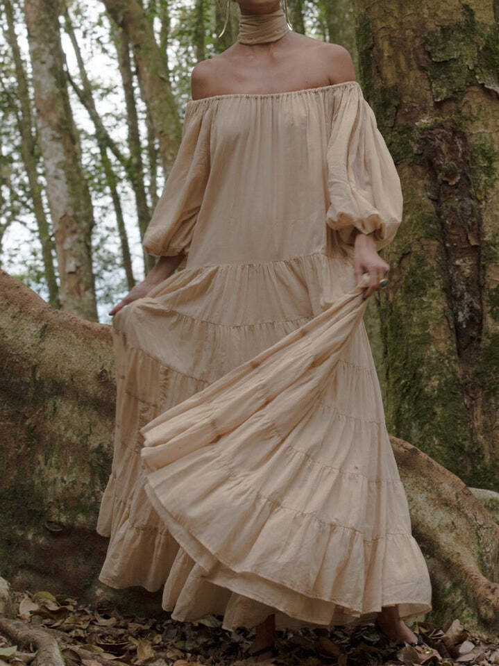 Solid Color Long Sleeve Linen Maxi Dress