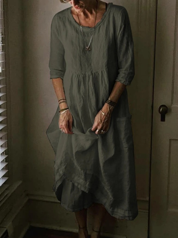 Linen Blend 3/4 Sleeve Crew Neck Dress